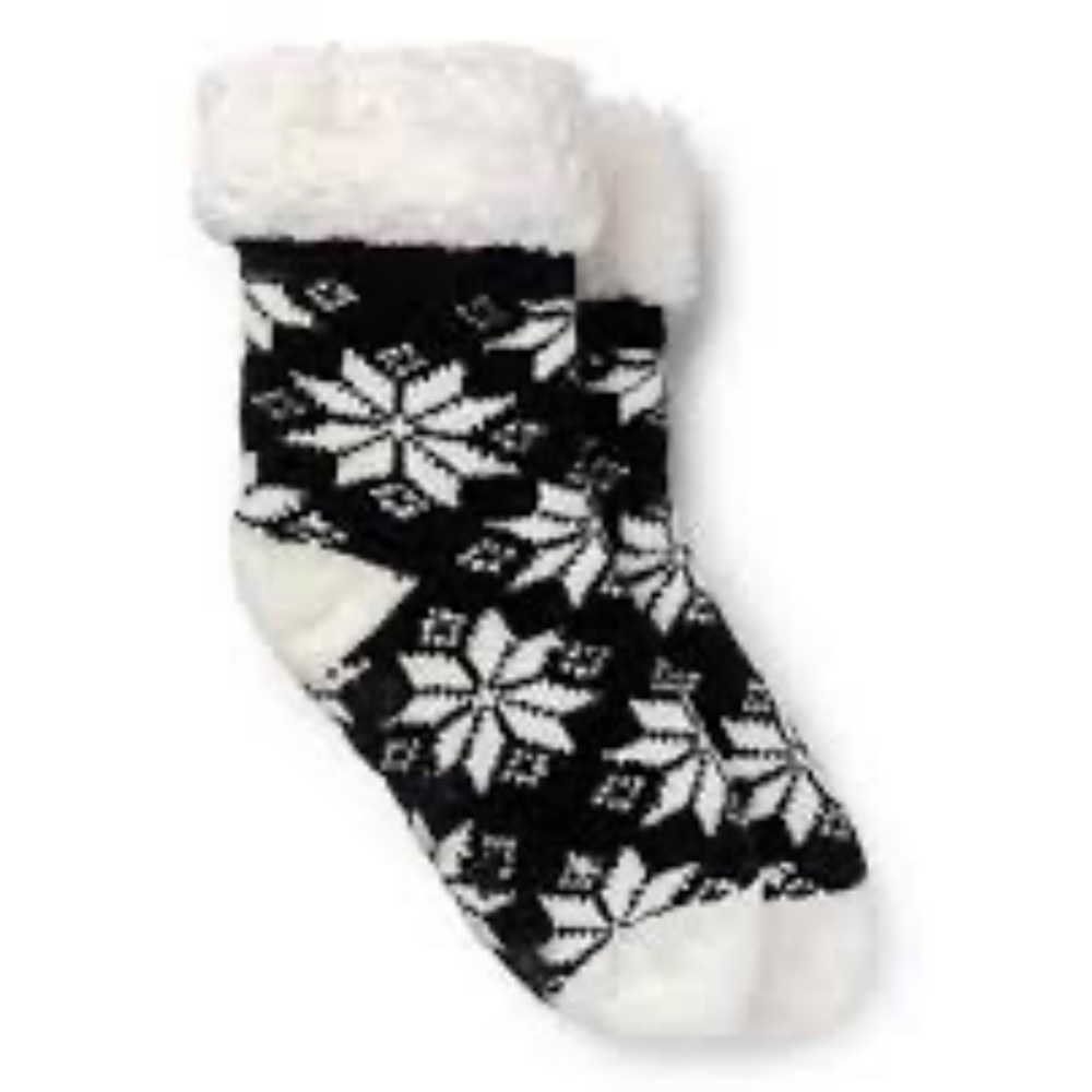 Black and White Snowflakes Print Sherpa Slippers Gripper socks